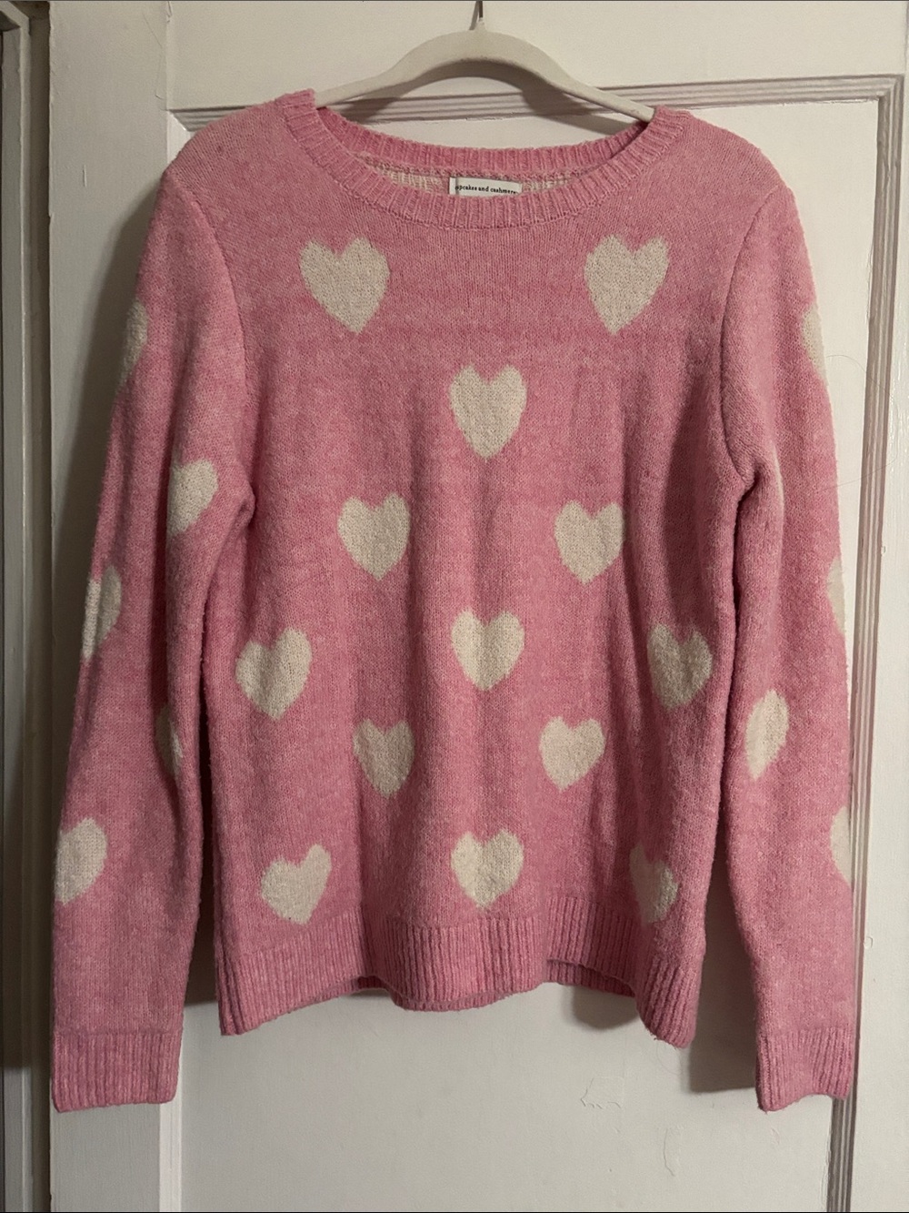 cupcakes & cashmere Pink Crewneck Sweater with Cream Hearts